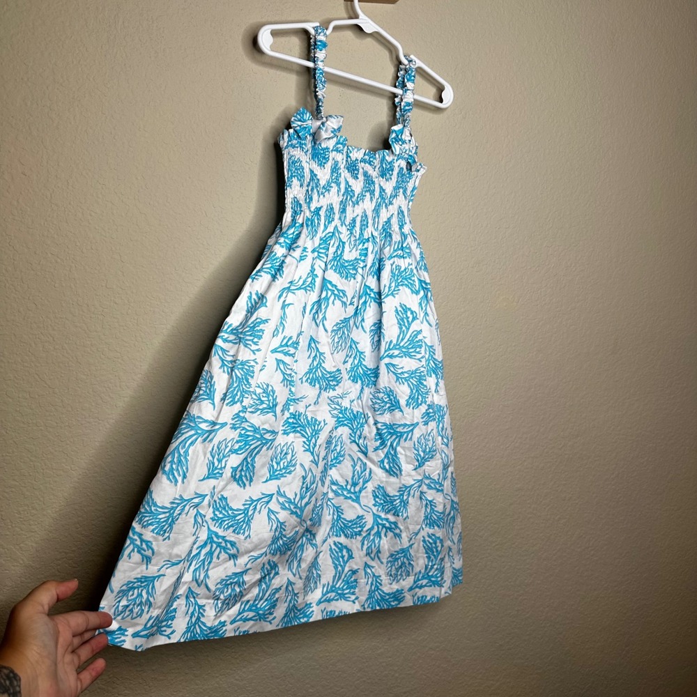 Rachel Riley Girls Blue Coral Print Smocked Sundress Bow Straps Size 10Y